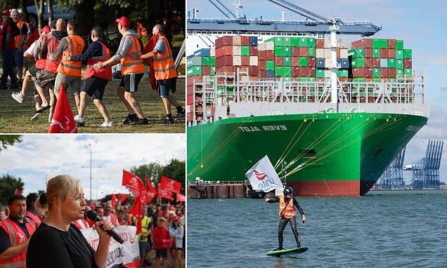 Dockworker surfs at Port of Felixstowe while union strike continues