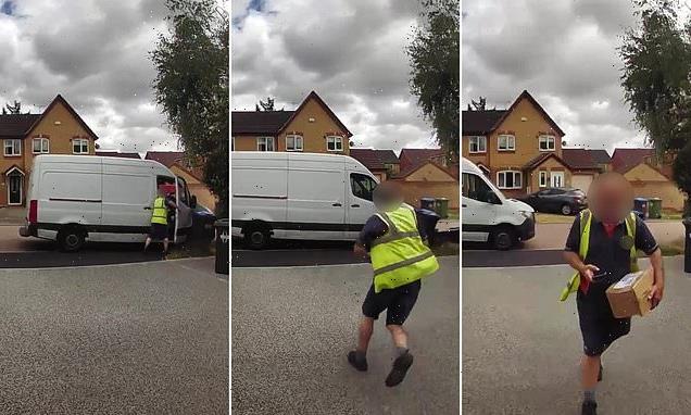 Moment driver chased his van as it hit bins while delivering a parcel