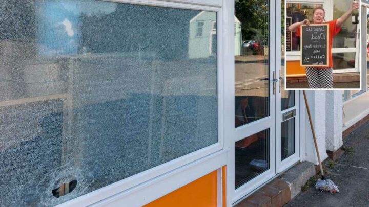 Windows SMASHED at chippy where cruel owner celebrated Queen’s death with champagne | The Sun Windows SMASHED at chippy where cruel owner celebrated Queen’s death with champagne | The Sun