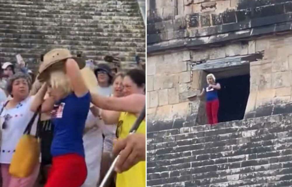 Shocking moment crowd ATTACKS ‘disrespectful’ tourist who danced on Mayan pyramid near Cancun | The Sun