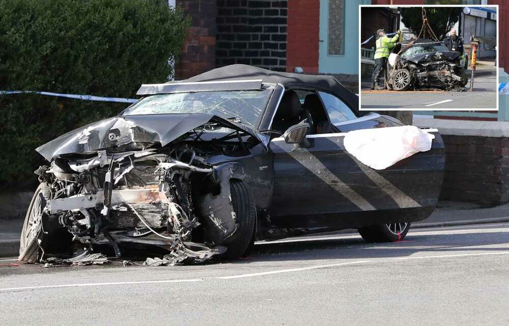 Horror photos show destroyed Mercedes after driver died when his car smashed into two parked motors in devastating crash | The Sun