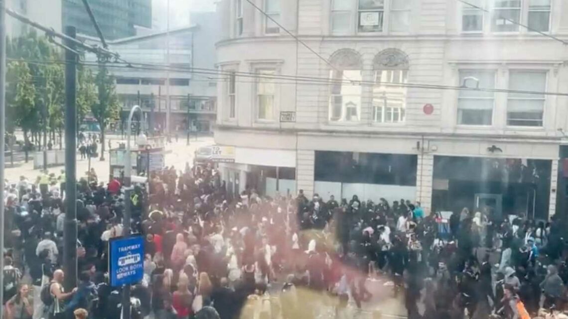 Shocking moment hundreds of school kids run riot in Manchester city centre as cops 'hit with eggs' | The Sun