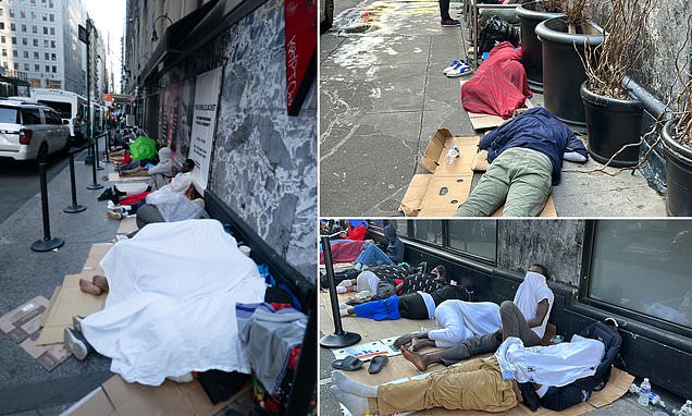 Shocking pics of NYC&apos;s crisis: Dozens of sleeping migrants in Midtown