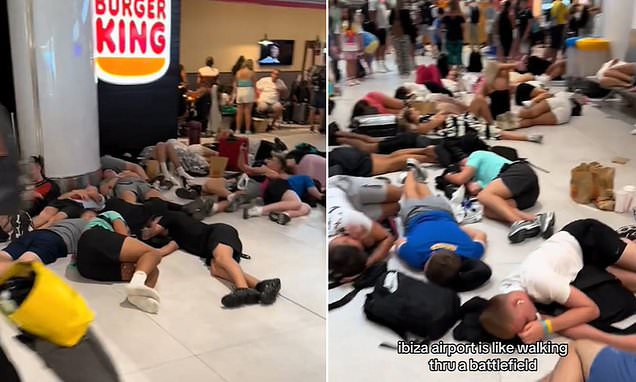 Brits sprawl across Ibiza airport floor after days of partying
