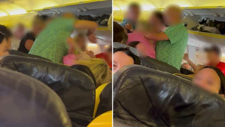 Watch shocking moment out-of-control 'drunk' passenger brawls on Ryanair flight to Ibiza over 'barging through queue' | The Sun