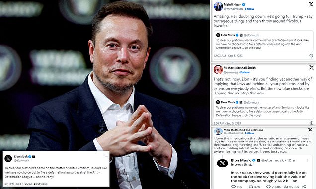 Twitter users call out &apos;weak man&apos; Elon Musk after threat to sue ADL